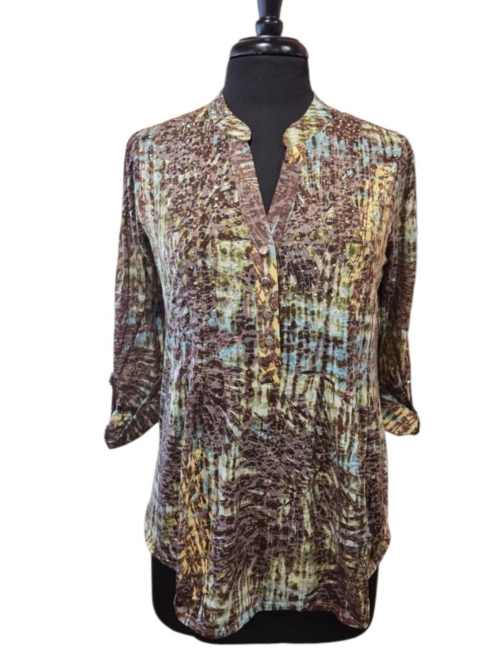 Kate Park M Boho Relaxed Top Brown Multicolor Printed Henley Blouse